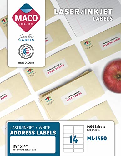 Maco Laser/Ink Jet White Address Labels, 1-1/2" X 4", 14 Per Sheet, 1400 Per Box (Ml-1450) #TOP15