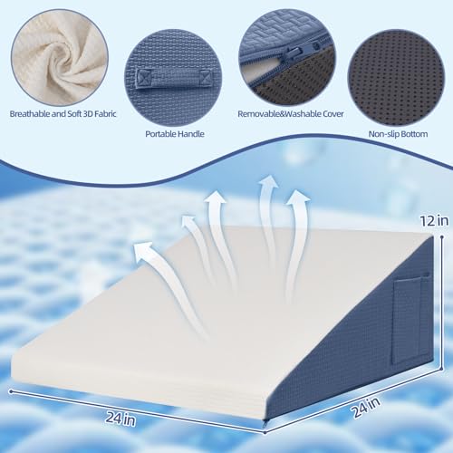 Wedge Pillow for Headboard, 12’’ Triangle Elevated Bed Wedge Pillow for Acid Reflux Relief, Sleeping, Post Surgery, Back Pain Relief, Snoring, Soft Memory Foam Top & Washable Breathable Cover, Blue