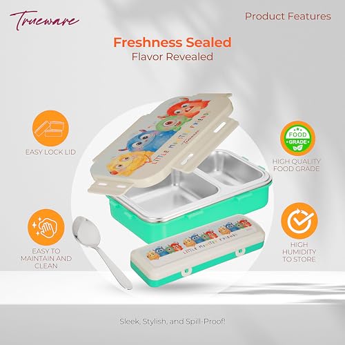 Image of Trueware Pluto Lunch Box 2 Compartment Leak-Proof BPA Free Stainless Steel, Lunch Box for Kids, Lunch Box for School & Office with a Spoon, 580 ML