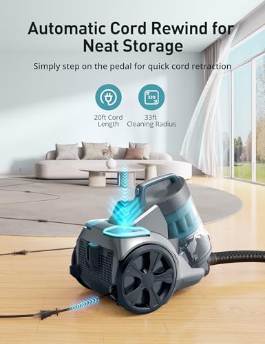 Image of Aspiron 1700W Canister Vacuum Cleaner, 45Kpa Bagless Vacuum Cleaner, Multi-Cyclonic Filtration, 2 Anti-Allergen HEPA Filters, 3.5QT Dust Cup, 4 Tools, No Hair Tangles for Hard Floor, Pet Hair, Teal