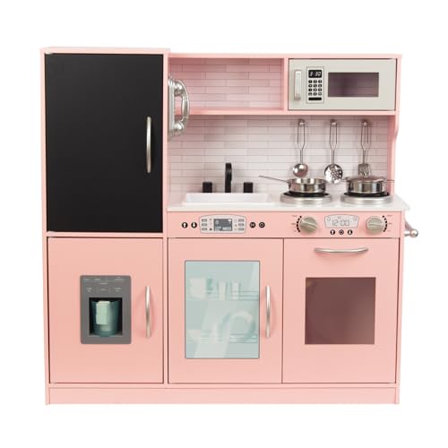 WOODENFUN Kinderküche Holz Spielküche für Kinder mit Blackboard Telefon Topf Topfschaufel Geschenk küche Kinder ab 3 Jahre (Lichtrosa)