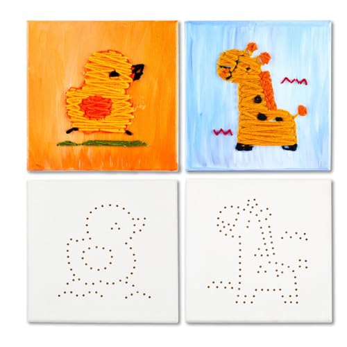 Artkey Pre-Drawn Canvas for Painting and Sewing Kit, 2-Pack 20x20cm Stretched Canvases with Sewing Holes, Acrylic Paints, Brushes, and Threading Kits, DIY Craft Set for Beginners and Hobbyists