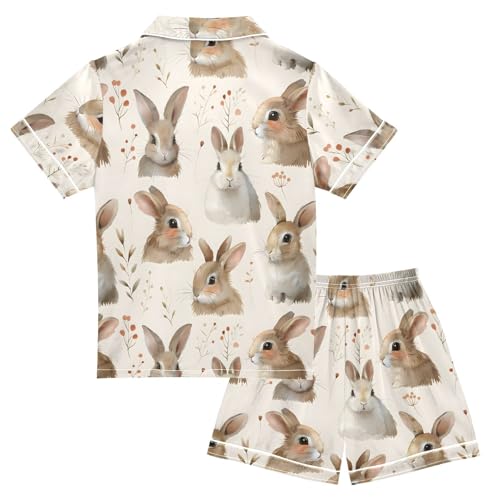 ALAZA Lovely Rabbit Watercolor Leaves Satin Pajamas Set Short Sleeve Button Down Sleepwear Summer Pjs 2 Piece2