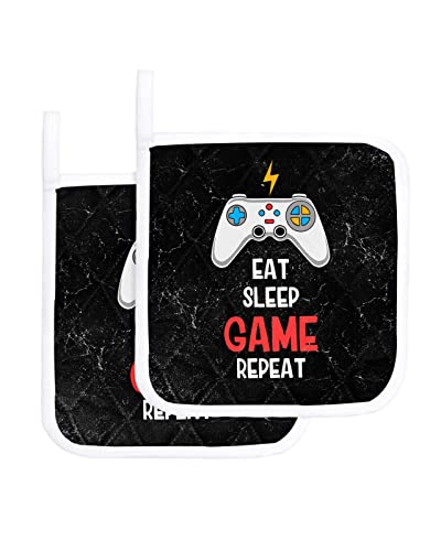 Video Game Pot Holders 2 Pack, Hot Pads For Kitchen With Hanging Loop, Eat Sleep Game Repeat Play Handle Black Pot Holder Oven Hot Pad Washable Potholders For Cooking Baking 8.25"X8.25" #TOP30
