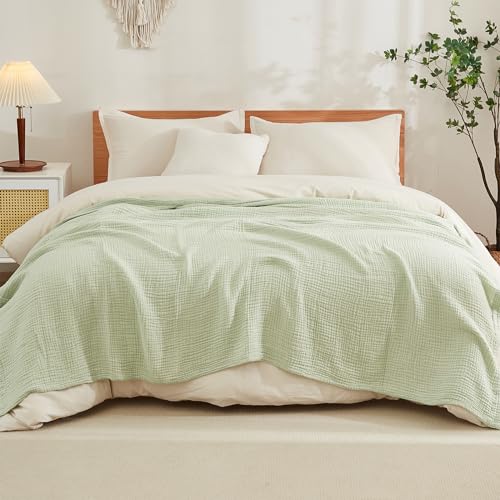 EMME Cotton Blanket Queen Size for Bed Soft Large Muslin Bed Blankets 90"x90" Lightweight Breathable All Season Gauze Blanket, Mint Green