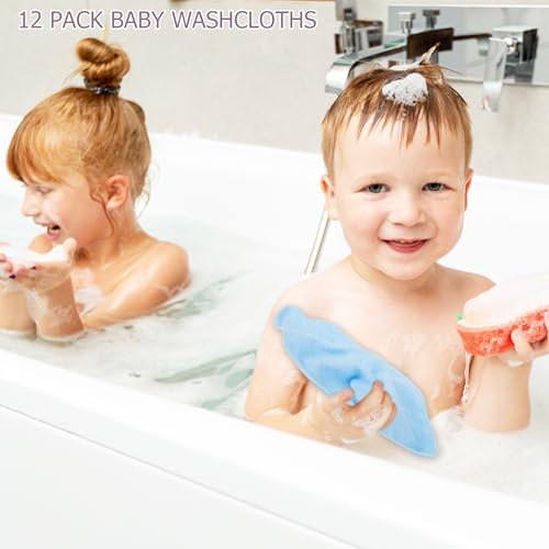 Image of 12 Pack Small Baby Washcloths 100% Cotton Thin Soft 7.8 inch x 7.8 inch Terry Cloth for Baby Face Bath Burp Travel Lightweight Multi-Purpose Newborn Must Haves