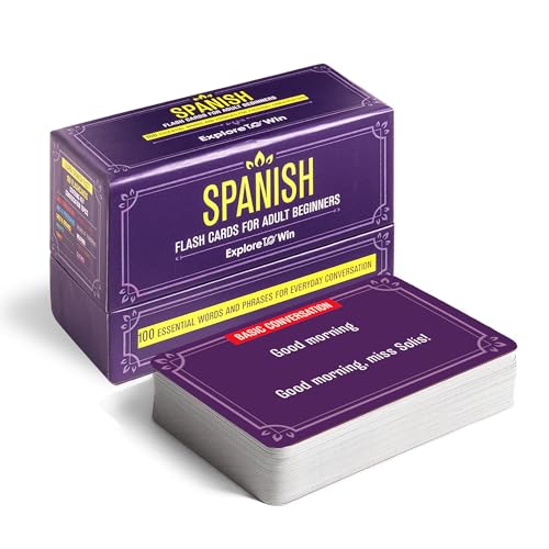 Spanish Flash Cards for Adult Beginners & Kids – Learn 100+ Verbs, Words & Phrases for Everyday Conversation – Gift for Adults, Travelers & Students