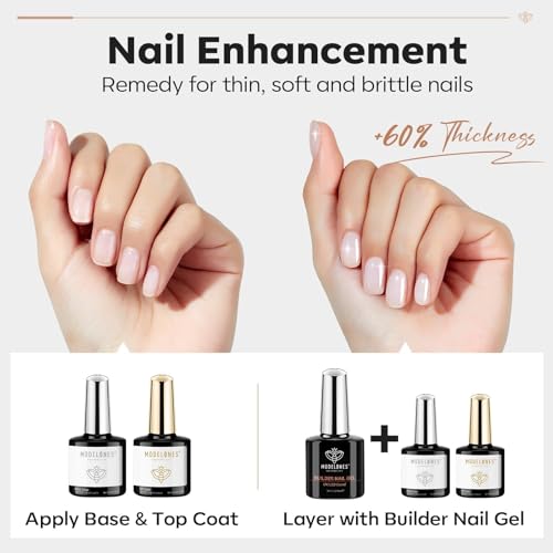 Image of modelones 3 Pcs Top Coat Builder Nail Gel with Gel Base, No Wipe - Shine Finish and Long Lasting, Clear Builder Top Nail Kit for Thickening Apex Building Extension, LED Lamp Cured 10ml Home DIY Salon