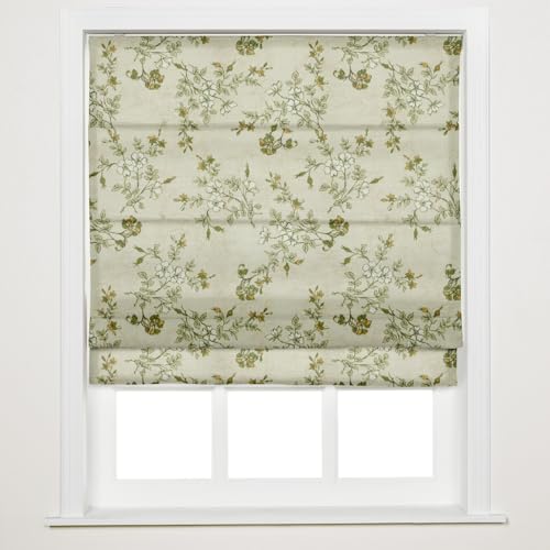 Image of TWOPAGES No Drill Cordless Vintage Floral Print Roman Shades Linen Textured Roman Blinds for Windows, Custom Made Room Darkening Light Filtering Roman Window Shades, Porcelain, 1 Piece