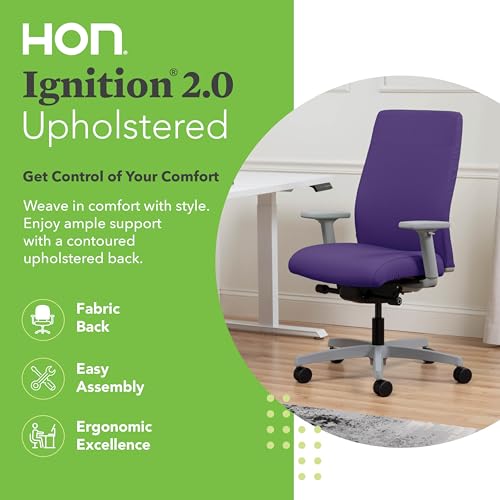 Image of HON Ignition 2.0 Ergonomic Office Chair with Adjustable Arms, Advanced Synchro‑Tilt Recline, Upholstered Desk and Computer Chair for Home Office or Workstation, Titanium Frame, Iris