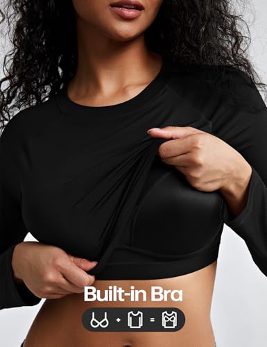 ZeroBound Long Sleeve Built-in Shelf Bra Crop Top for Women and Girls Crew Neck Basic Tees Crop Y2k Clothes2