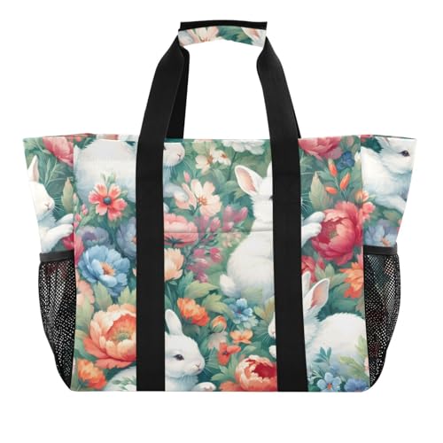 Cute Rabbit Flowers Large Beach Bag Waterproof Beach Tote Bags for Women Travel Gym Pool