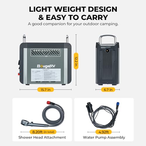 BougeRV Portable Propane Water Heater w/Water Pump & Showerhead, Instant Hot Water Heater w/Built-in battery for Showering &Cleaning, Outdoor Use Only, Camping Water Heater w/Overheating Protection