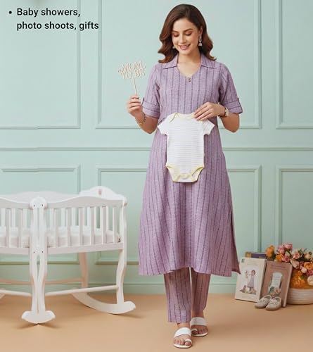 Image of DUMMY SHAPE Feeding Dresses for Women Full Set | Cotton Blend Maternity Kurta Pant Suit with Dual Nursing Zippers, Side Pocket to Pre & Post Pregnancy | Mom to Be Gifts