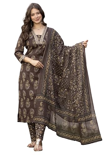 Image of PARTHVI Women's Cotton Printed Kurta Set with Pants & Dupatta | Elegant Ethnic Wear for Women | Floral Print | Comfortable Suit Set