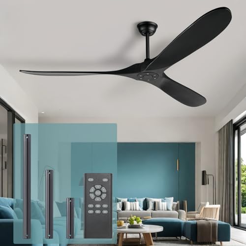Black Modern 52 Inch Large Ceiling Fan with Remote, Industrial Outdoor Wood 3 Blade High CFM Wet Rated Ceiling Fans for Patios Porch Gazebo - Propeller Ceiling Fan for Indoor Living Room Bedroom