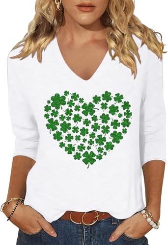 Image of Woffccrd Womens 3 /4 Sleeve V Neck T-Shirts Valentina's Day Spring Shirts Love Heart Printed Graphic Tees