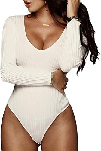 Body Damen Langarm Sexy V Ausschnitt Bodysuit Tops Stretch Ribbed Knit...