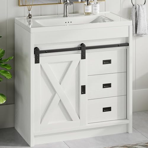 4ever2buy 31\" Farmhouse Bathroom Vanity with Sink, White Sliding Barn Door Bathroom Vanity Cabinet with Storage Drawers, Small Single Bath Storage Vanity Sink