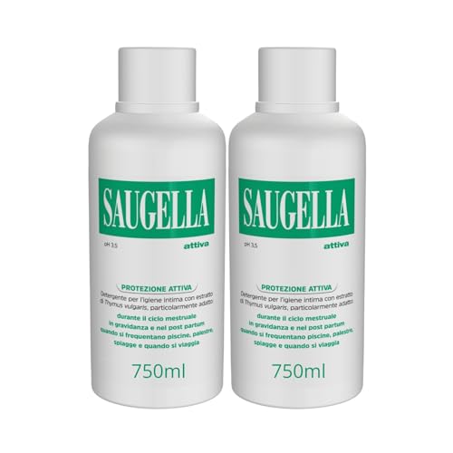 Saugella Attiva, Detergente Intimo Antibatterico, pH 3.5, con Estratto di Timo, Adatto Post Parto, in Gravidanza e Durante il Ciclo Mestruale, 2 Detergenti da 750 ml
