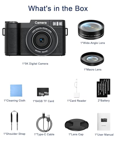 FLATIC Digital Camera with WiFi, 5K 64MP Cameras for Photography with 180° Flip Screen for YouTube, 18X Zoom Autofoucs Vlogging Camera with 64GB Card, Wide & Macro Lens, 2 Batteries, Card Reader
