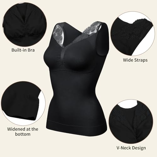 Vivashape Women's Cami with Built in Bra Padded Tummy Control Shapewear Compression Tank Tops Body Shaper V Neck with Lace - Black Small - image 4