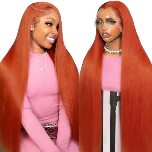 YLNVD 32 Inch Ginger Wig Human Hair 13x6 Straight Ginger Orange Lace Front Wigs Human Hair HD Transparent Lace Frontal 350 Colored Wig Pre Plucked 200% Density