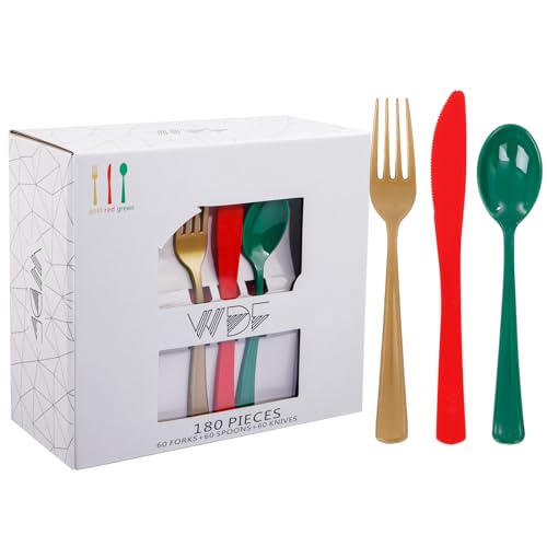 WDF 180 Pieces Plastic Silverware - Disposable Cutlery Set Incluede 60 Gold Forks, 60 Red Knives and 60 Green Spoons - Heavy Duty Plastic Flatware - Disposable Utensils for Wedding Party Birthday