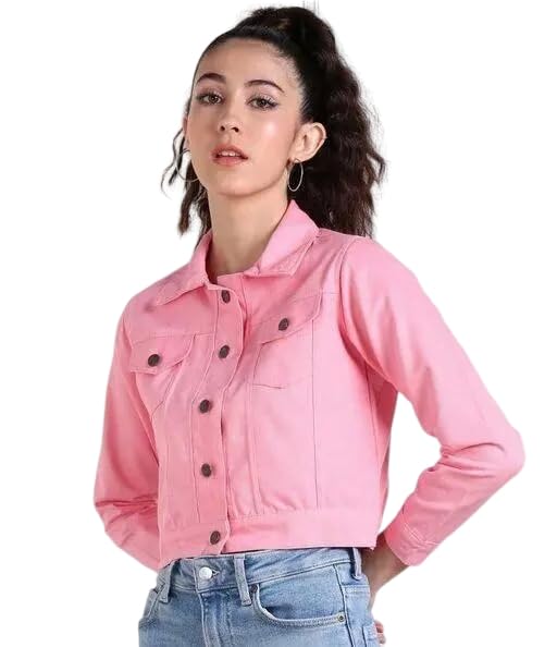 Women’s Button-Down Solid Denim Stylish Light Pink Jacket-picture-29