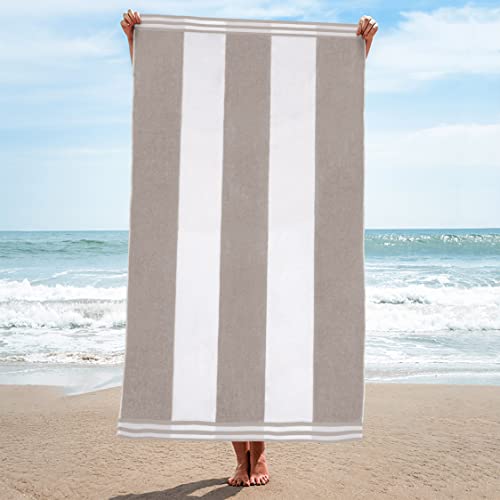 Superior 100% Oversized Striped Cotton Beach Towel Set, Basics Beach Towels For Bathroom, Dorm, Beach, Camping, Pool, Swimming, Kids, Vacation, Cabana Collection, 34" X 64", Light Grey #TOP1