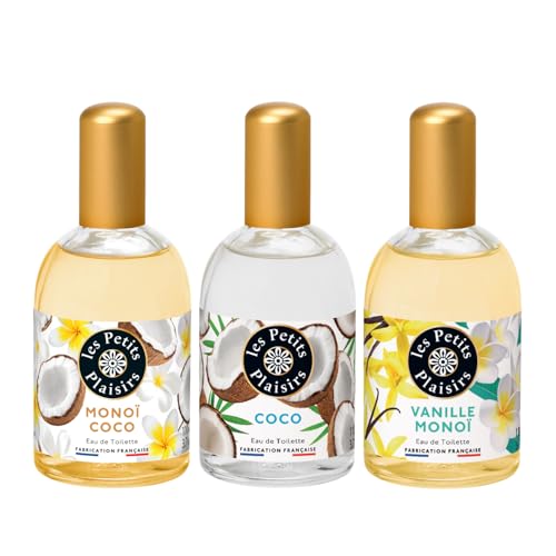 Les Petits Plaisirs - Lot de 3 - Eau de toilette Monoï Coco, Coco, Vanille Monoï. Eau de toilette femme, Solaires & sensuelles,. Coffret cadeau. Made in France. 110ml