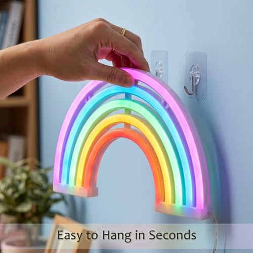 Image of Neon Rainbow Sign, USB & Battery Powered LED Wall Light, Cute Rainbow Decor for Girls Bedroom, Kids Room, Nursery & Dorm - Safe, No-Flicker Night Light for Party, Christmas & Birthday Gift