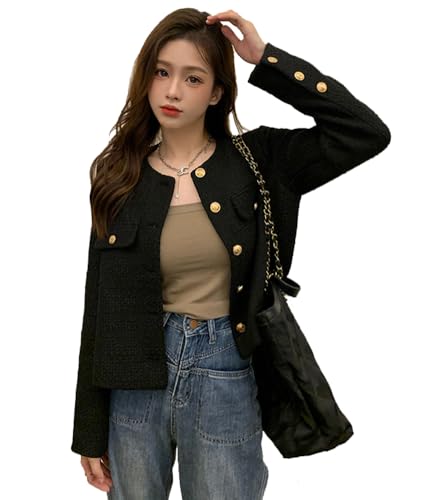 [TASOGARA] ツィードジャケット レディース ジャケット アウター ノーカラー ショート丈 セレモニー フォーマル エレガント 長袖 オシャレ 着痩せ 通勤 春秋 (L, ブラック) - TASOGARA - 商品画像