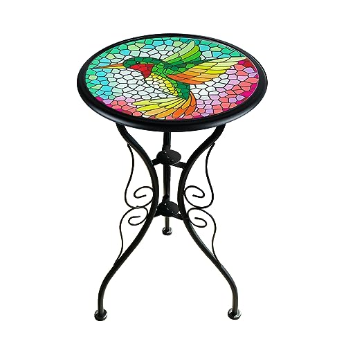 LIFFY Outdoor Mosaic Side Table Hummingbird Garden End Table Small Patio Round Printed Glass Table for Yard or Lawn