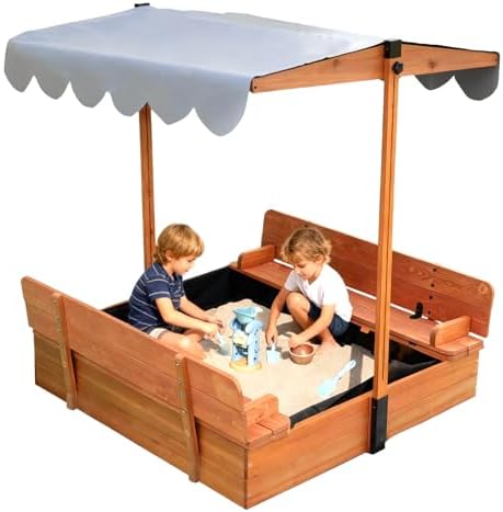 Wooden Sandbox with Canopy and Lid, with Foldable Bench for Backyard, Brown