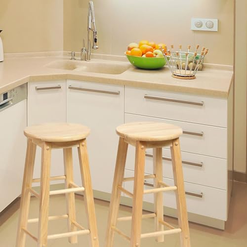 Image of PJ Wood Classic 24 Inch Tall Round Kitchen Counter Stool Seats with Backless Design and 4 Square Legs, Natural Brown (2 Pack)