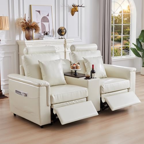 Image of RARZOE Manual Loveseat Recliner Sofa with Headrest, Faux Leather Power Reclining Couch with Storage Console Charging Cup Holders, Modern Comfy Daul Recliner for Living Room Theater,Beige