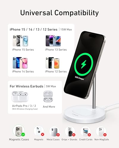 Image of Anker MagGo 2-in-1 MagSafe Compatible Qi2 15W Wireless Charging Stand | Qi2 Certified, Fast Charging, Wireless Charger for iPhone 17, AirPods Pro, and More (White, 40W Adapter Included)