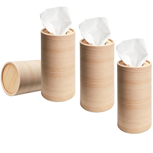 Sbulhia 4 PCS Car Tissue Holder, Refillable Round Napkins Containers with Papers Inside, Convenient Travel Tissue Tubes Facial Paper Towel Cylinders for Vehicle Cup Holders (Wood Grain)