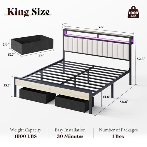 Image of AMERLIFE King Bed Frame with LED Lights & 2-Tier Storage Headboard | White, 2 Storage Drawers, Metal Platform Frame, Velvet Upholstery, Heavy-Duty Slats, No Box Spring, Easy Assembly
