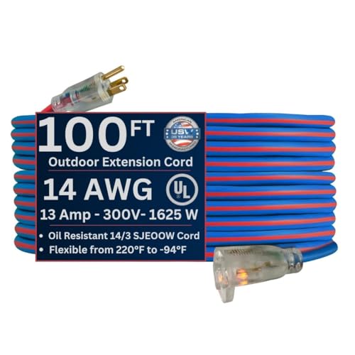 US Wire and Cable 14/3 Gauge x 100-Ft Extreme Cold Weather Extension Cord – Heavy-Duty, 221°F to - 94°F Rating, Lighted Plug, Blue and Red, SJEOOW, Weather-Resistant, Ideal for Outdoor & Indoor Use
