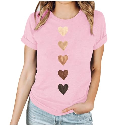 Camiseta de manga corta para mujer, para el día de San Valentín, informal, cuello redondo, camiseta holgada, de verano, con estampado de corazones, Rosa., L