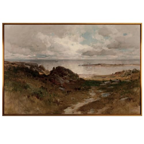 InSimSea Golden Framed Vintage Canvas Wall Art A Bit of Massachusetts Coast Coastal Beach and Clouds Seascape 24x36 inch, Moody Rustic Seacoast Landscape Beach Print, Farmhouse Home Wall Decor by InSimSea - Used condition - US$54.41