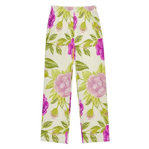 J JOYSAY Camellia Foliage Drawing Beige Pajamas Pants Soft Long Pajama Bottoms Lounge Sleep Pants Size S-XL