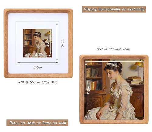 Image of Square 8x8 Picture Frame with Mat for 4x4 /6x6, USA-Sourced Natural Teak Wood Handcrafted Rounded Corner with Real Glass, Vertical or Horizontal Display Photo Gallery Wall & Tabletop Frame