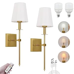 Battery Operated Wall Sconce Wireless Living Room Sconces with Remote Control, Indoor Dimmable Battery Operated Wall Lamp Gold with Battery Operated Led Bulb Lights, not Hardwired Sconce Fixture