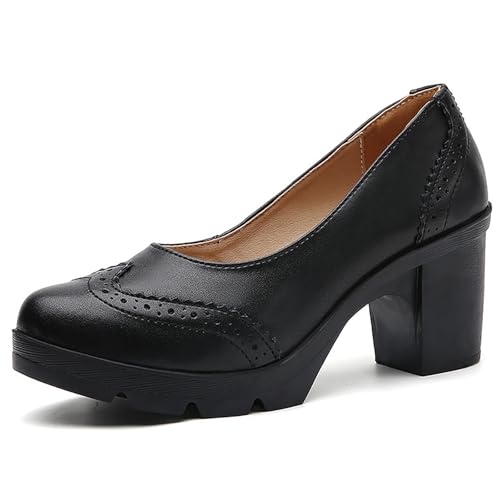 Women's Leather Wingtip Closed Round Toe Block Heel Pumps Slip On Comfort Anti-Slip Lug Sole Chunky Heel Brogue Work Dress Shoes for Daily Walking Office