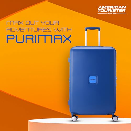 Image of American Tourister Purimax 77 CM Check-in Suitcase with TSA Lock & 8 Wheels Hard Polycarbonate /Trolley Bag for Holiday /Travel Bag for Holiday /Travel Bag with Double Spinner Wheels for Unisex- Blue