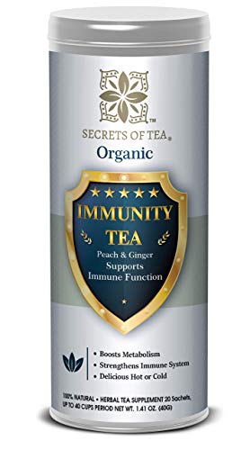 Secrets Of Tea Immunity Tea for Immune Support - Natural USDA Organic Caffeine - Free Herbal Immunity Booster Tea for Metabolism Boost - Peach and Ginger Flavor (up to 40 Servings) - 20 Count(1 Pack)