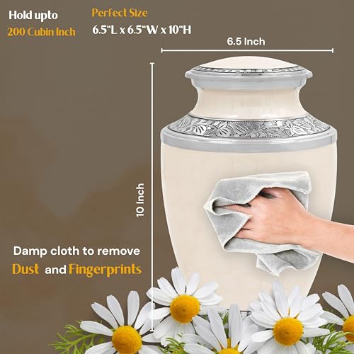 Image of ALPHA Living HOME Cremation Urns for Human Ashes - Adult Memorial Urn - Metal Funeral Urn with Elegant Finish - Secure Screw-Top Lid - Durable, Decorative Urn for Home 10.5 inch (Ivory Silver)